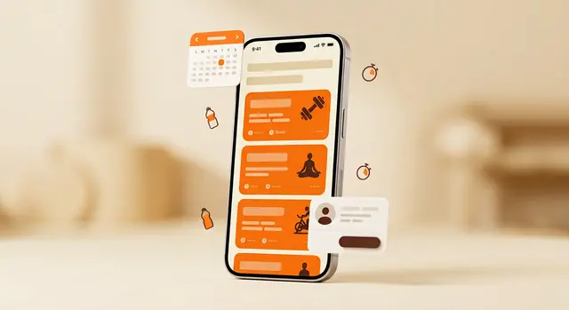 Pulse Fitness website with energetic orange class schedule UI on a smartphone.